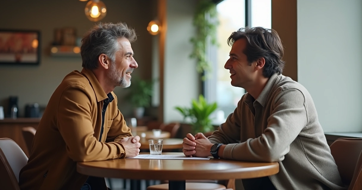 Calm conversation between two adults at a table