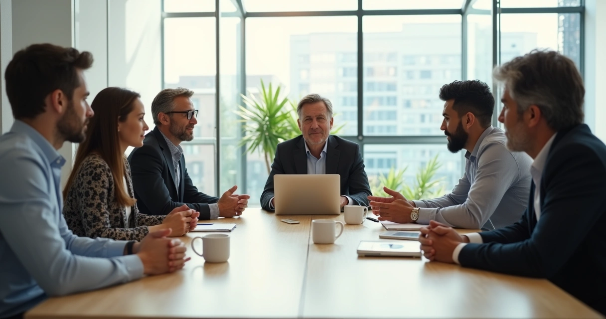 Diverse team in a calm meeting sharing constructive feedback 