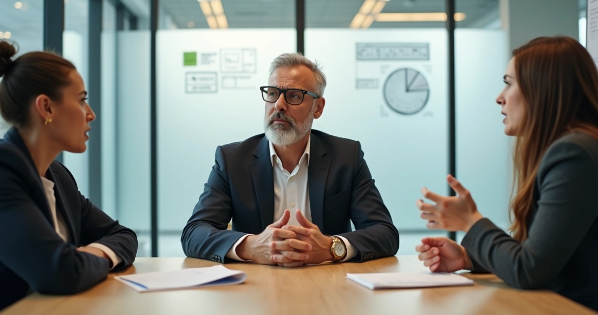 Calm leader mediating a tense meeting between coworkers in a modern office 
