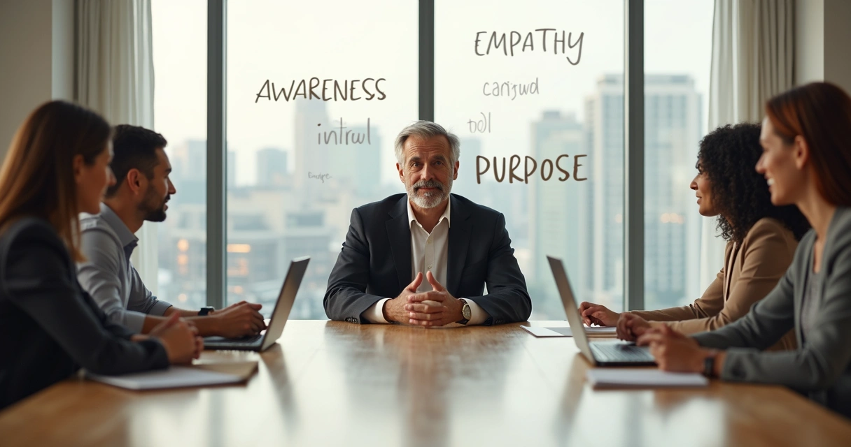 Calm leader guiding diverse team in modern office meeting 