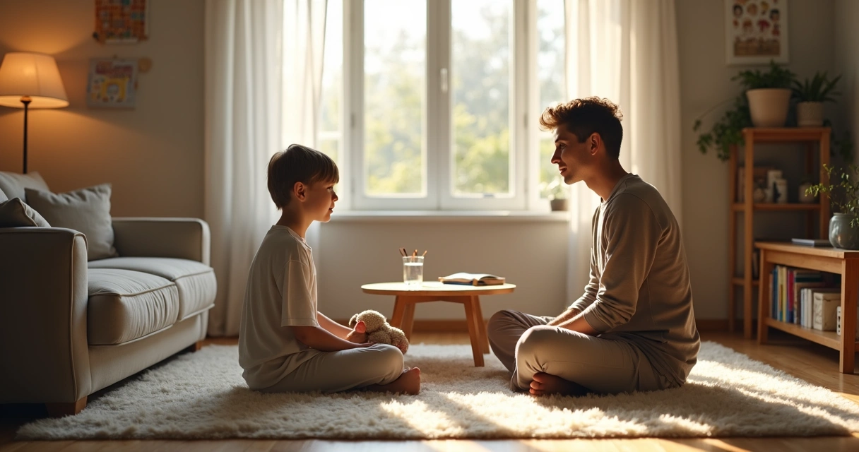 Parent calmly talking with child on living room floor 