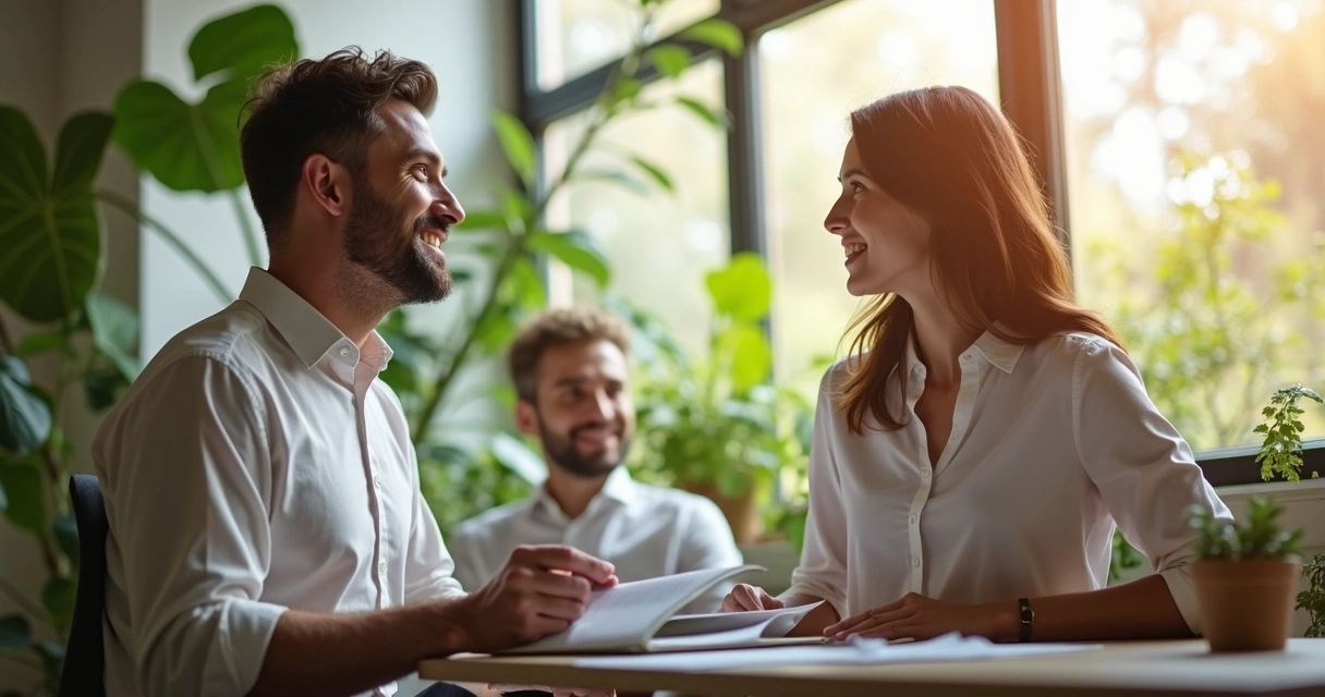 Two colleagues talking in a modern office, both calm and attentive 