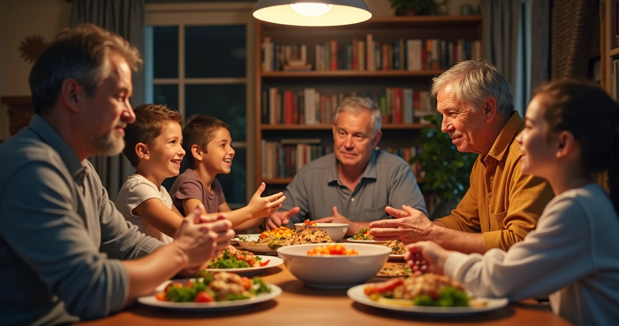 Family at dinner table practicing active listening and open communication 