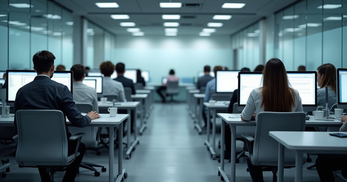 Employees working in a gray open office with flat expressions 