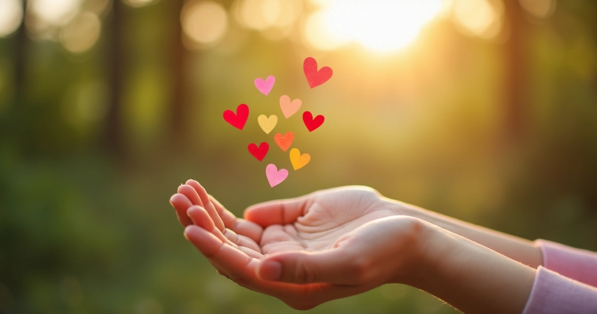 Open hands letting go of paper hearts outdoors 