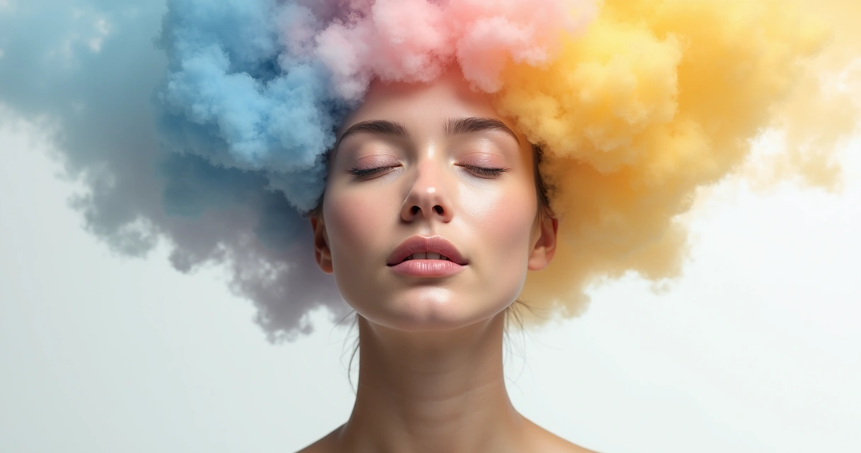 Woman with closed eyes surrounded by abstract clouds of different colors 