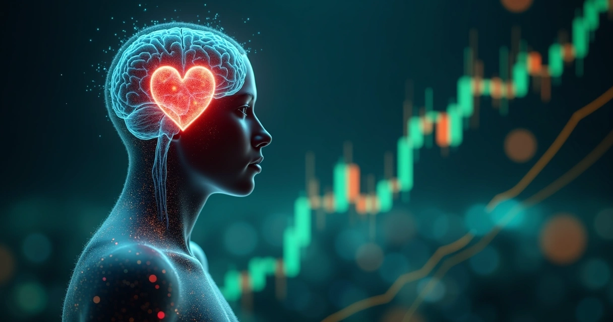 Human silhouette with heart and brain overlaid on glowing financial charts 