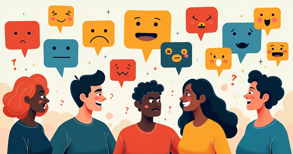 Users on a visual forum with different emotional reactions in speech bubbles around them.