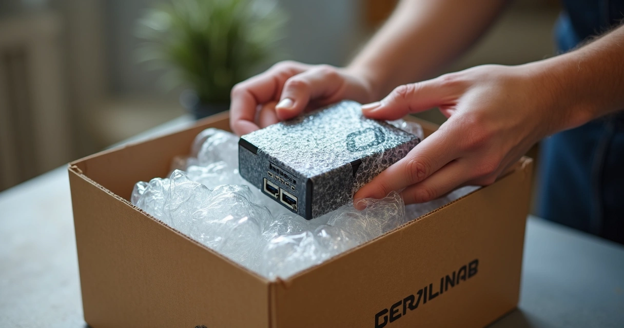 Pessoa embalando com cuidado um pequeno eletrônico