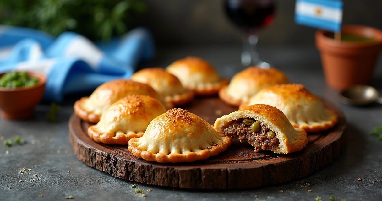 Empanadas argentinas douradas em tábua de madeira com bandeira da Argentina ao fundo 