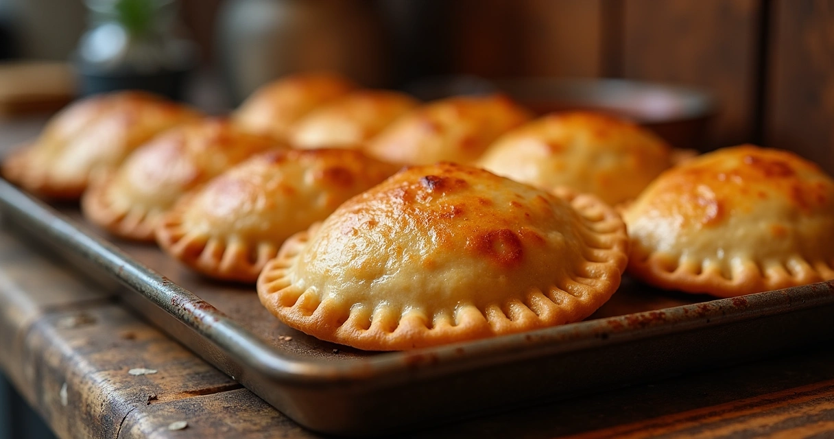 Empanadas douradas dispostas em tabuleiro após assar. 