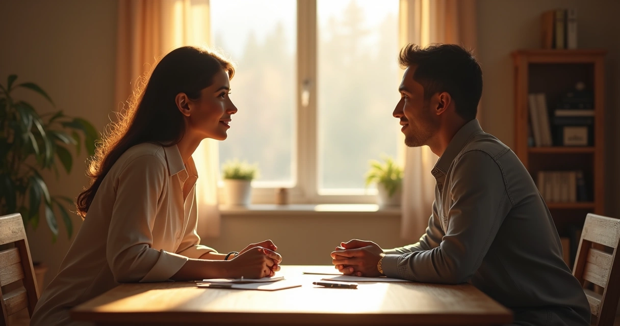 Two people having a respectful, open conversation at a table