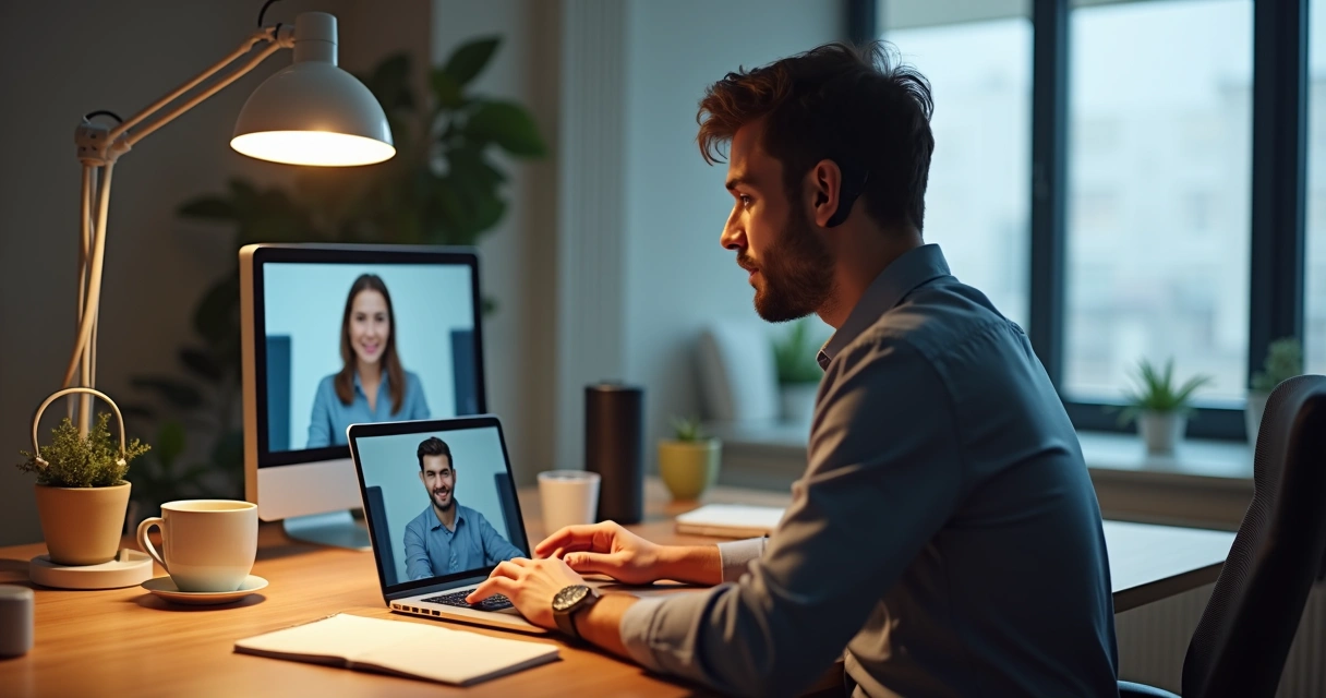 Leader listening to a team member on a laptop screen 
