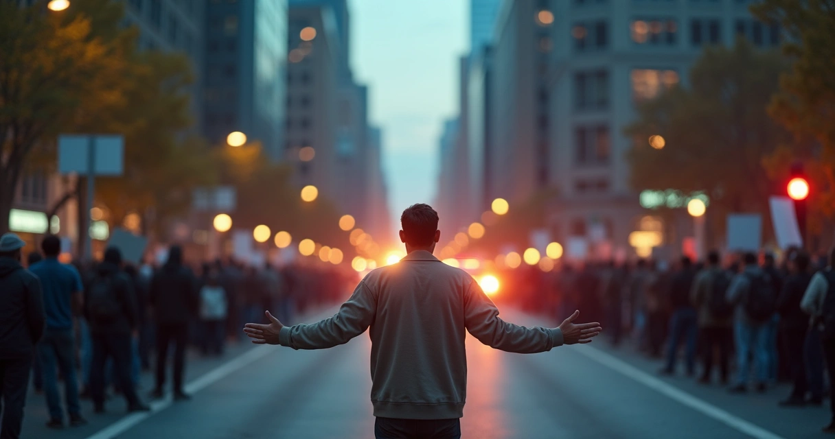 Wide street scene with protesters and a lone calm figure forming a bridge of light between two opposing groups 
