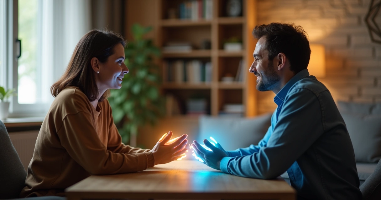 Two people talking across a table with a glowing line symbolizing healthy boundaries between them 