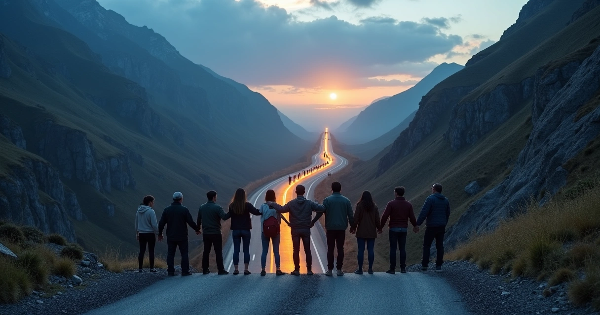 Group forming a luminous human bridge over a long mountain road at dusk 