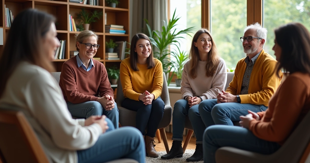 Group of people sitting together listening empathetically. 
