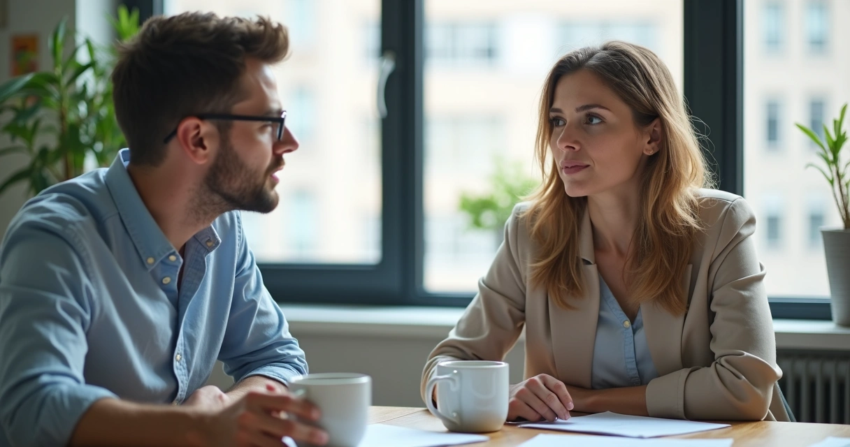 Coworkers having an empathetic conversation in an office
