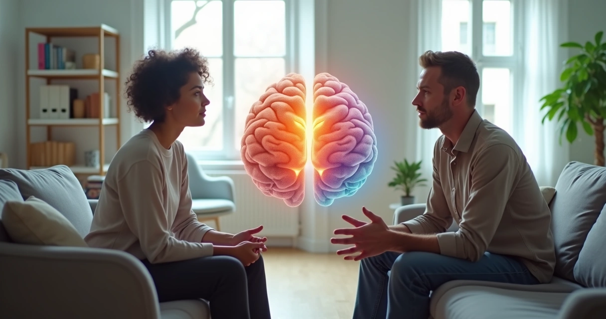 Two people talking with overlapping brain and heart symbols between them 