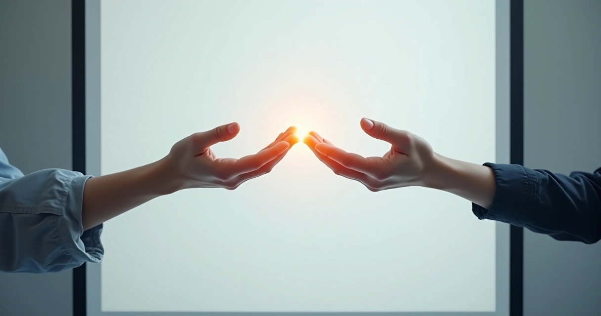 Two hands reaching across a digital screen, gentle touch, symbolizing digital empathy 