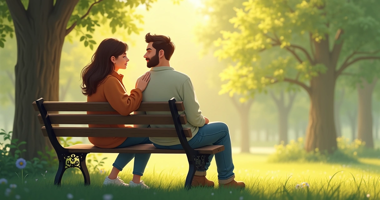 Illustration showing two people, one comforting the other during a conversation at a park bench