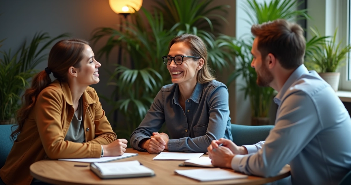 Team members in discussion showing empathy with open body language 
