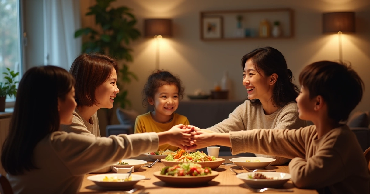 Multicultural family holding hands around dinner table. 