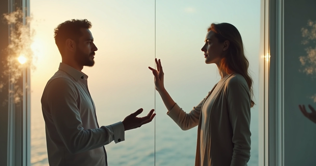 Two people separated by a glass wall reaching toward each other 