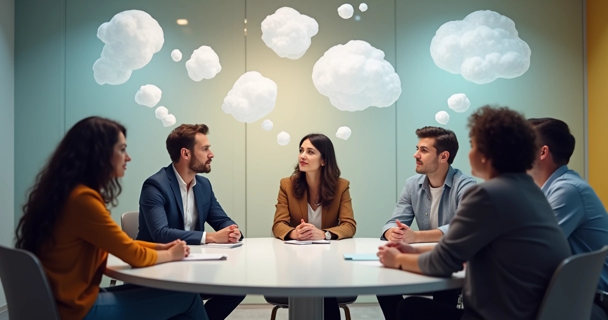 A group of diverse people sitting around a circular table discussing while imagining each other's perspectives, with outlines of thought bubbles crossing over 