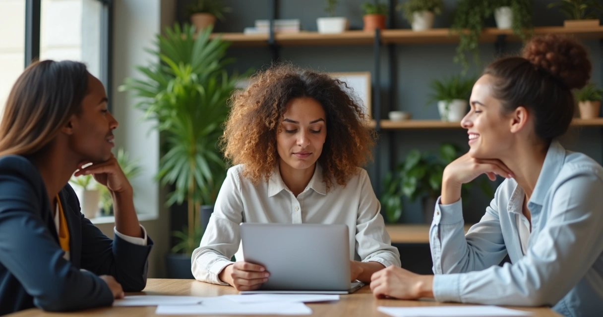 A group discusses around a table, two people showing supportive gestures possibly while offering feedback. 