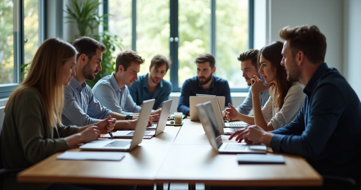Team having discussion around a table, serious expressions, business setting