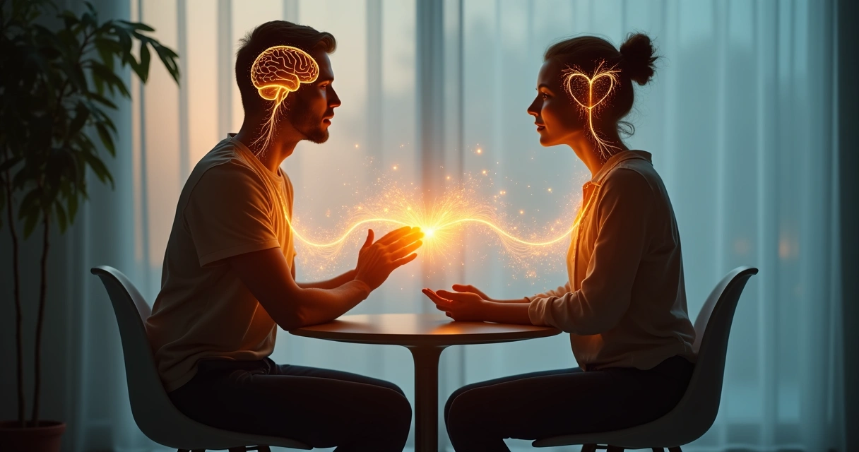 Two silhouettes facing each other with brain and heart connected by glowing threads 