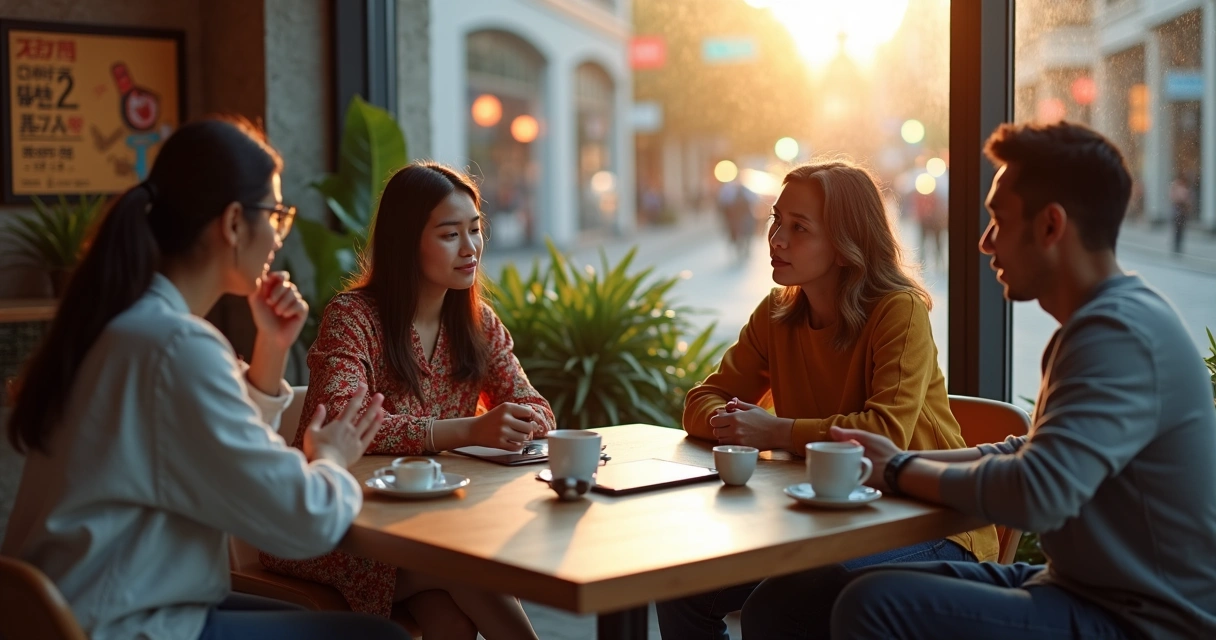 Multicultural group in city café using translator app to connect 