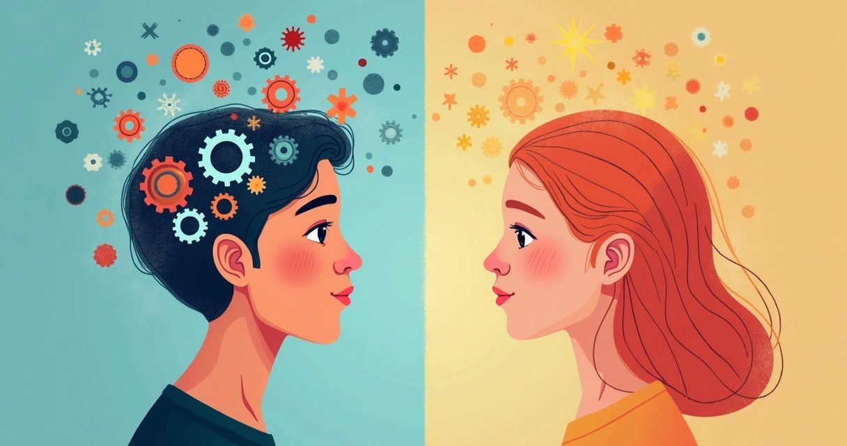 Comparação entre empatia cognitiva e empatia afetiva, representada por duas figuras, uma com expressão racional e outra emocionada. 