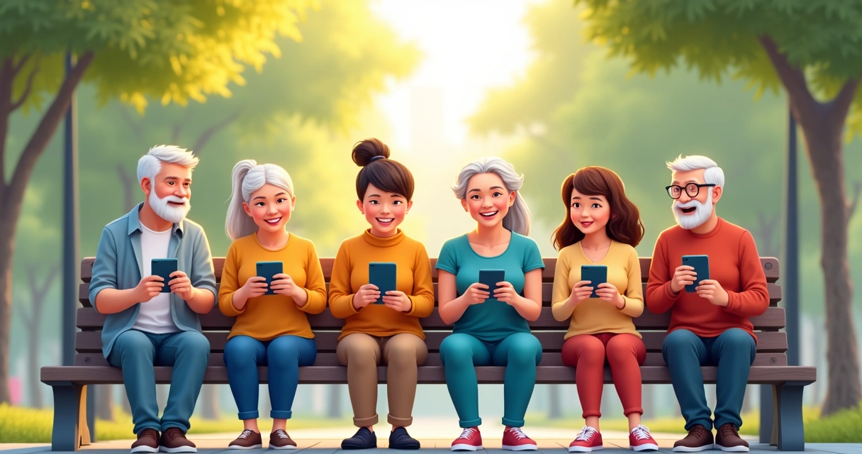 Pessoas usando celulares em um banco, interagindo de maneira respeitosa e sorridente