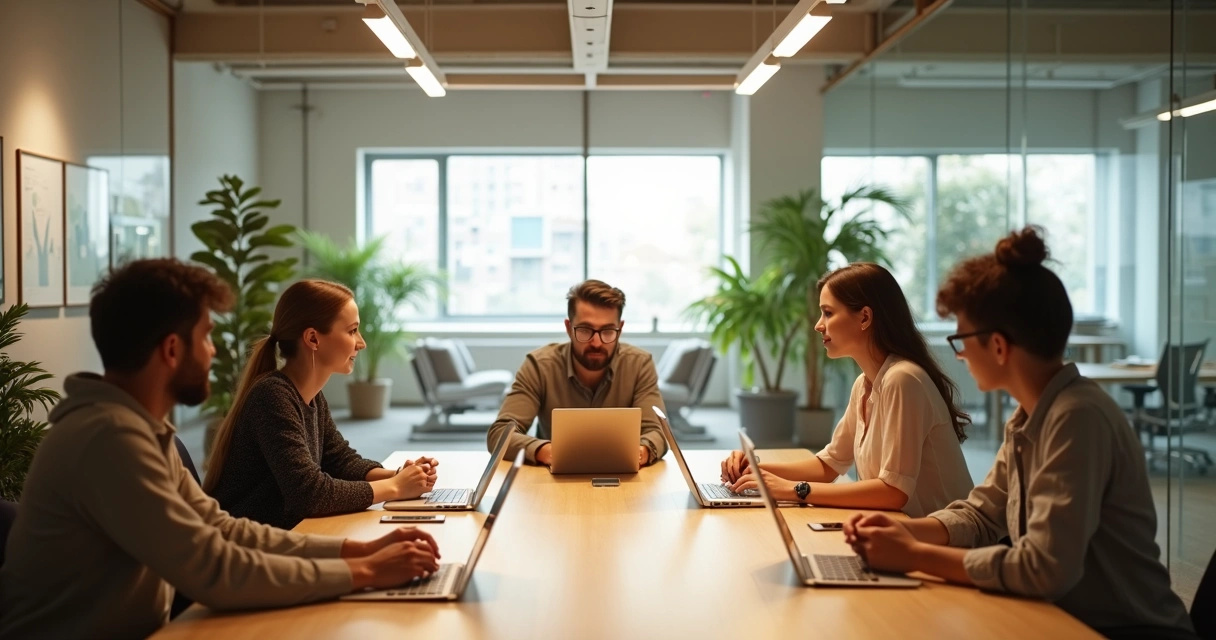 Equipe diversa em reunião colaborativa em escritório moderno com foco em empatia e conexão humana 