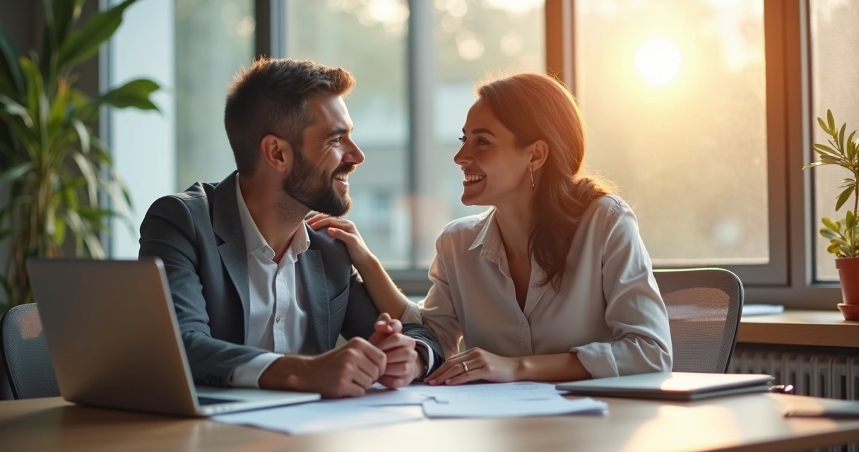 Colegas de trabalho se apoiando com sorrisos e gestos amigáveis 