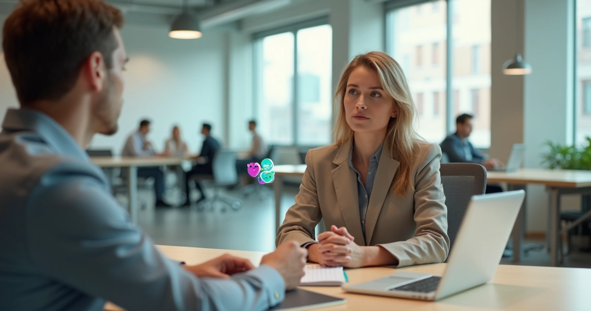Atendente ouvindo cliente com atenção em balcão de atendimento moderno 