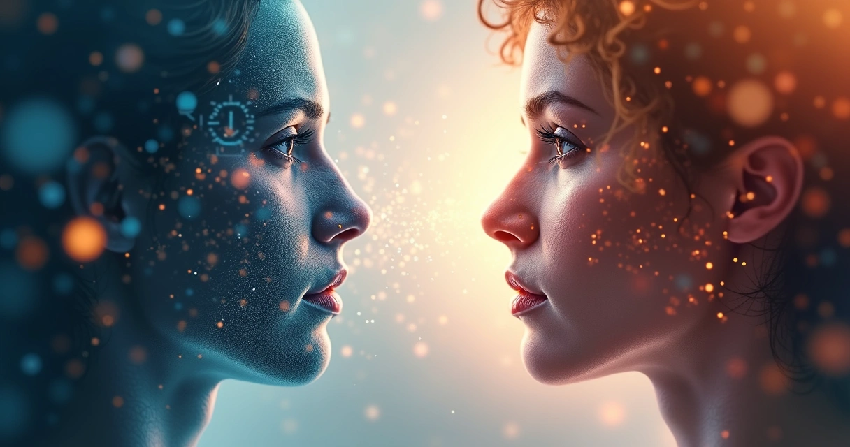 Dois rostos lado a lado conectados por linhas e cores contrastantes 