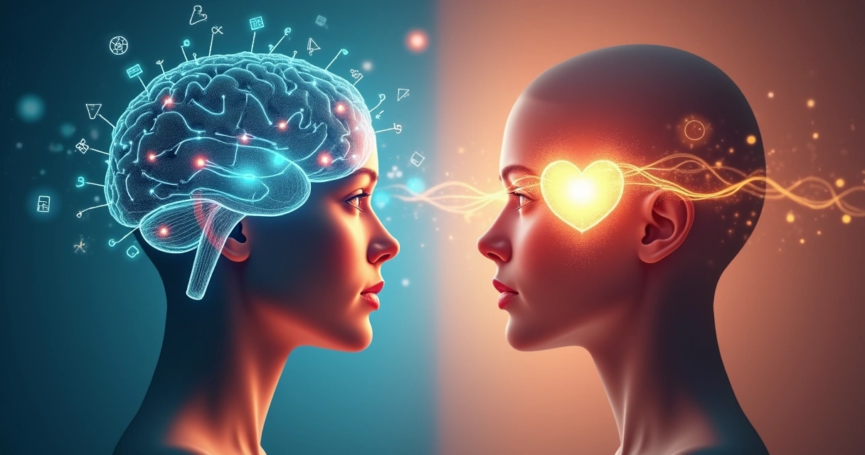 Cerebro y corazón conectados por líneas de luz representando dos tipos de empatía 