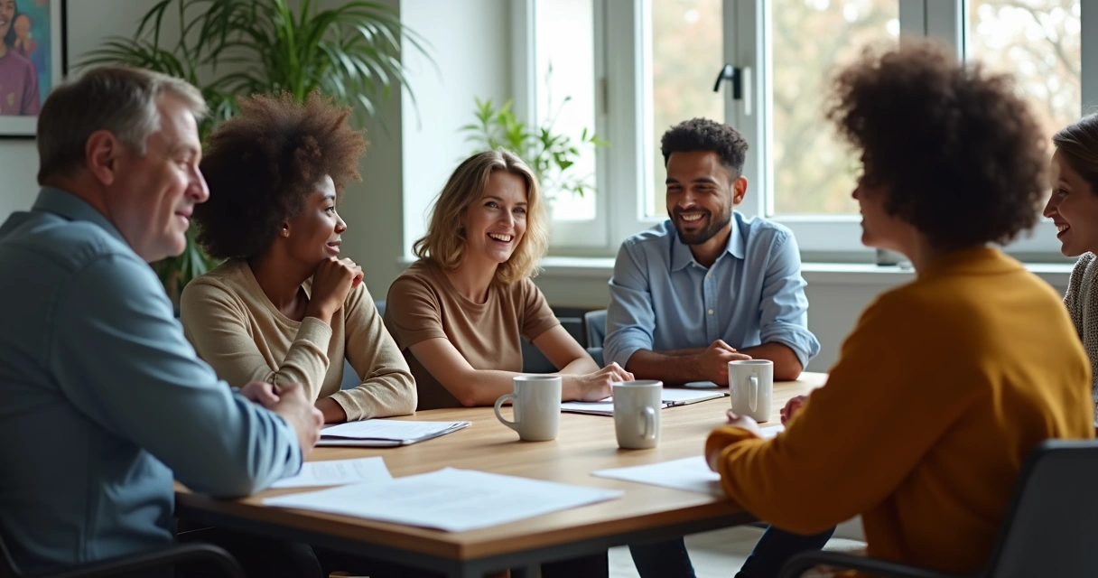 Colegas de trabalho conversando em círculo, clima acolhedor