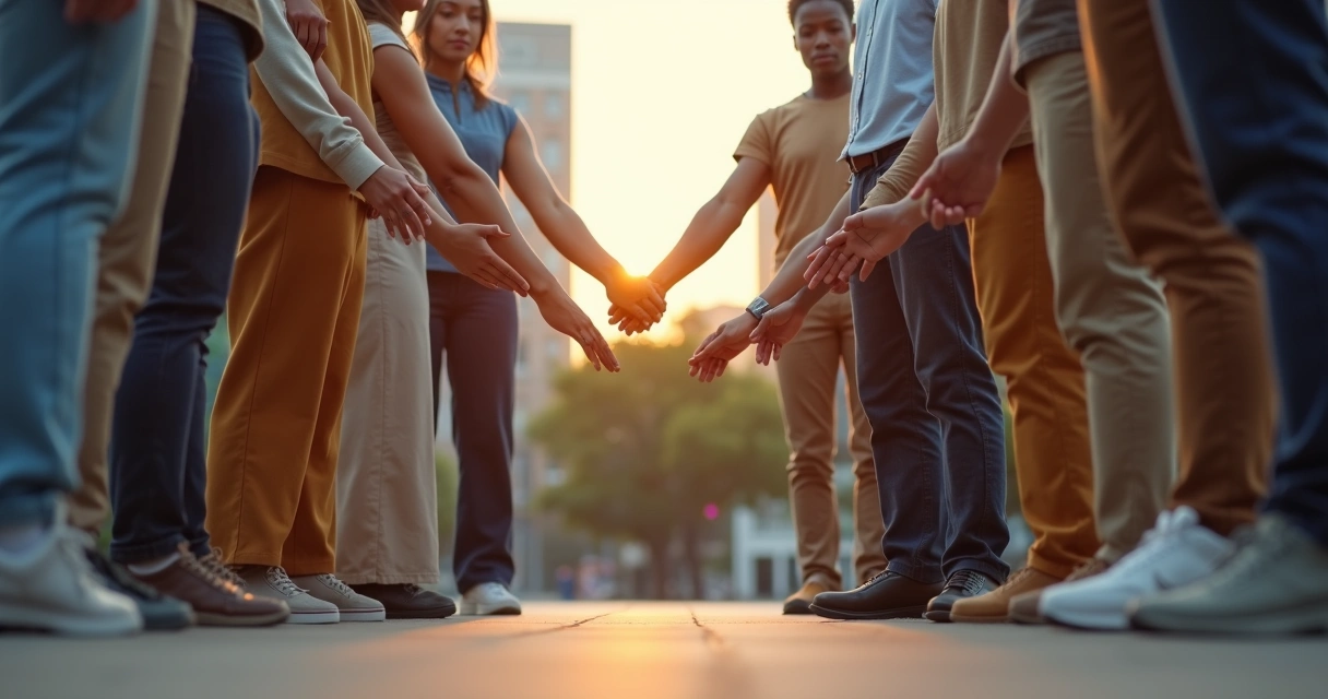 Grupo diverso em círculo conectando as mãos ao centro 
