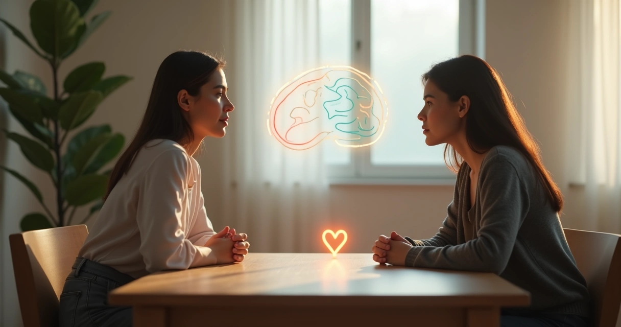 Duas pessoas de mãos dadas com ilustrações de coração e cérebro conectados 