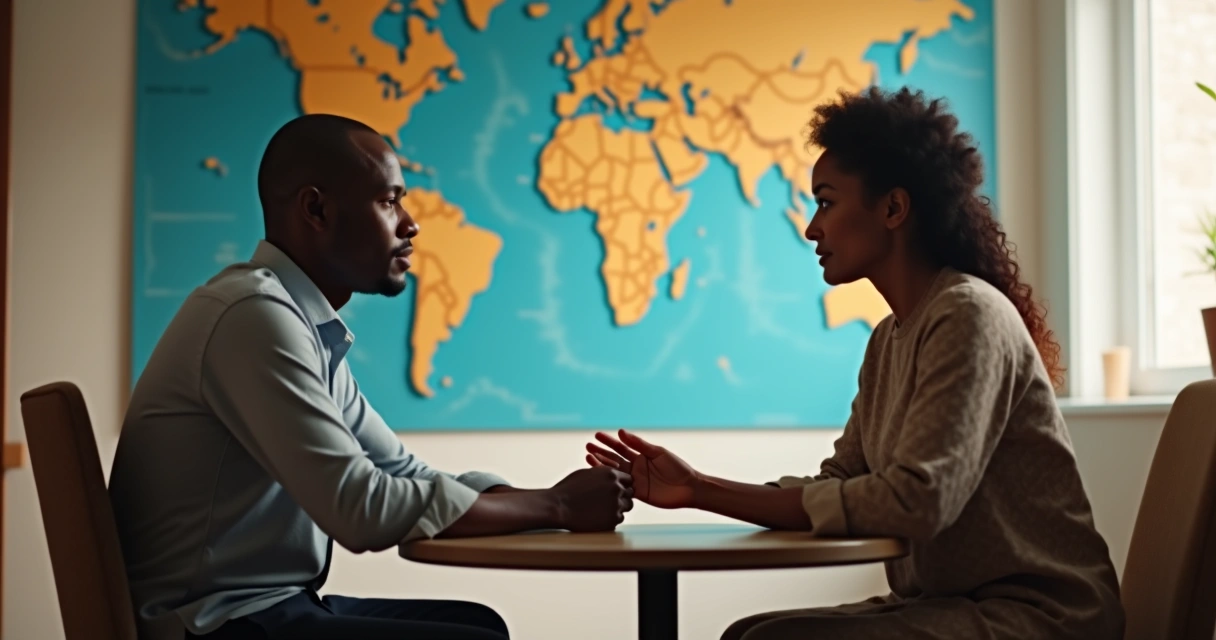 Duas pessoas de culturas diferentes se olhando com expressão acolhedora em um encontro respeitoso 