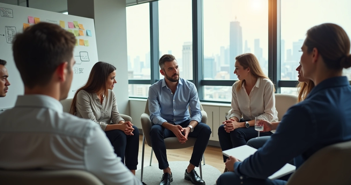 Colegas de trabalho em círculo mostrando empatia e apoio a uma pessoa abatida 