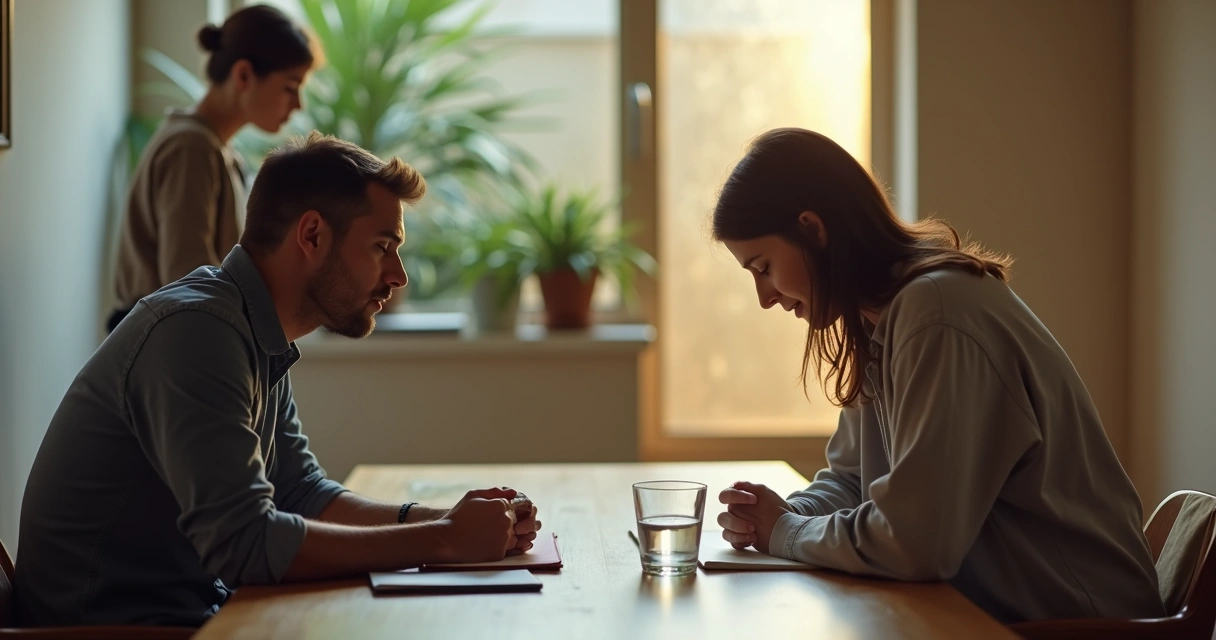 Duas pessoas sentadas frente a frente trocando gesto de apoio com contraste visual entre empatia e compaixão 
