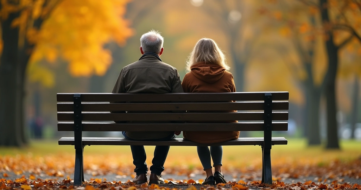 Duas pessoas sentadas lado a lado em um banco, em silêncio, compartilhando um momento de conexão e compreensão mútua. 