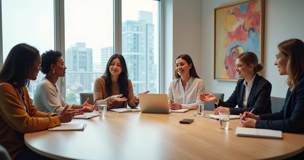Equipe diversa em reunião conciliadora ao redor de uma mesa redonda 