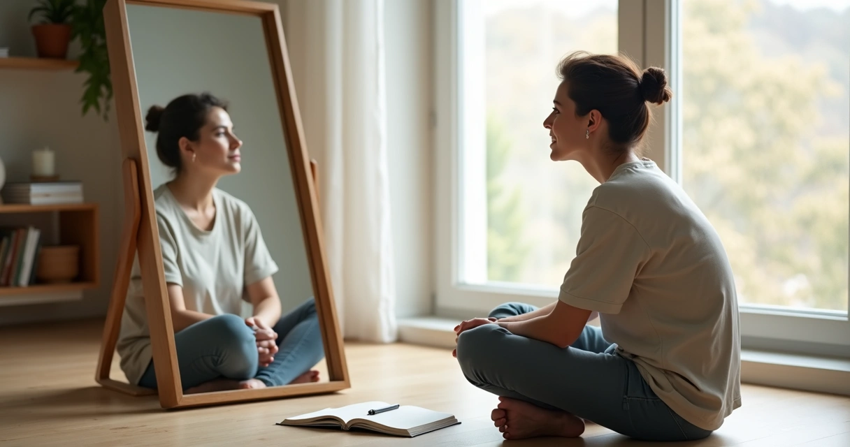 Pessoa sentada refletindo diante de seu próprio reflexo espelhado em um ambiente calmo 