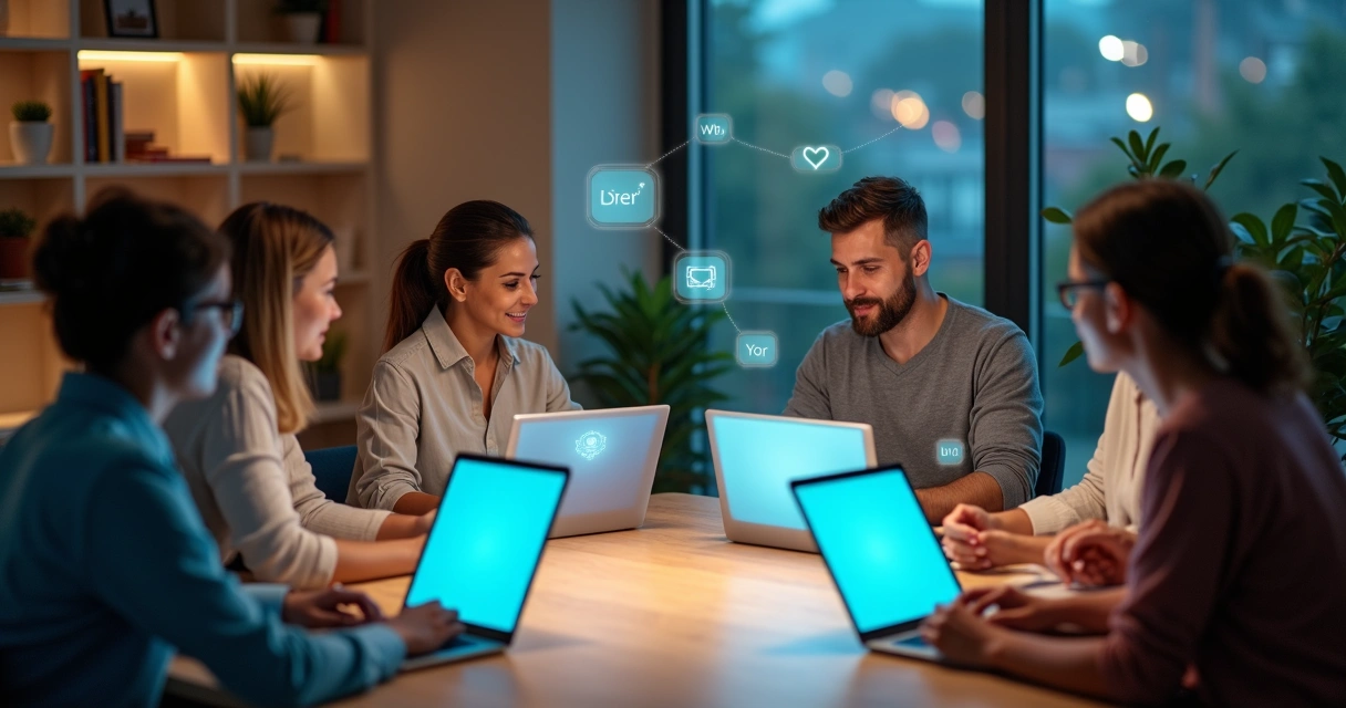 Pessoas conectadas por telas em um ambiente digital cooperativo 